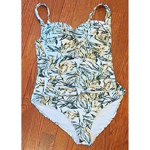 Niptuck Swimsuit One Piece Size 10 GREEN GOLD Tropical LEAF Padded Ruched Lined